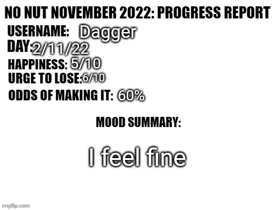 No Nut November 2022: Progress Report | Dagger; 2/11/22; 5/10; 6/10; 60%; I feel fine | image tagged in no nut november 2022 progress report | made w/ Imgflip meme maker