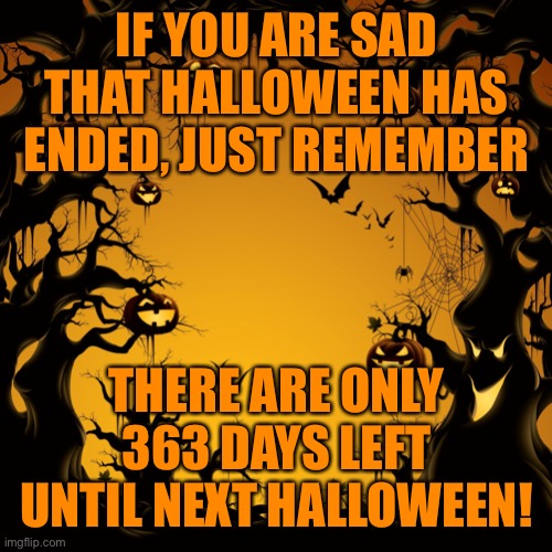 Always something to prepare for | IF YOU ARE SAD THAT HALLOWEEN HAS ENDED, JUST REMEMBER; THERE ARE ONLY 363 DAYS LEFT UNTIL NEXT HALLOWEEN! | image tagged in halloween | made w/ Imgflip meme maker