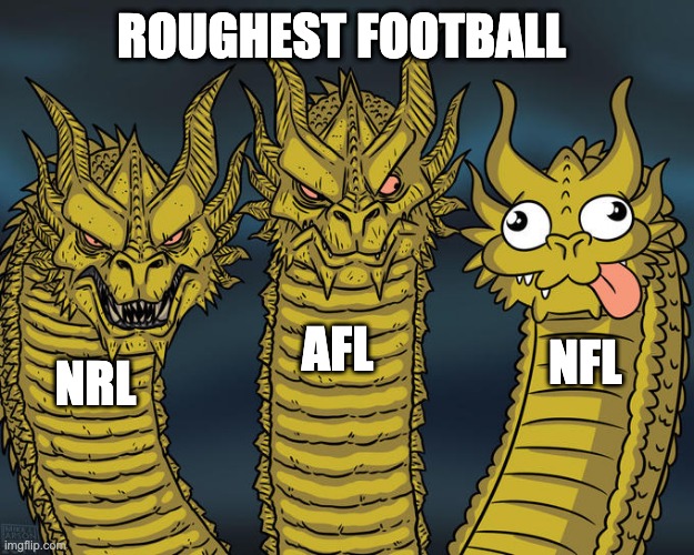 Roughest Foot ball sports | ROUGHEST FOOTBALL; AFL; NFL; NRL | image tagged in three-headed dragon,funny meme | made w/ Imgflip meme maker