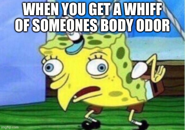 Mocking Spongebob Meme | WHEN YOU GET A WHIFF OF SOMEONES BODY ODOR | image tagged in memes,mocking spongebob | made w/ Imgflip meme maker