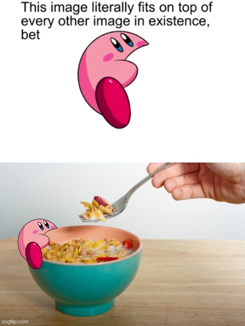 b o w l | image tagged in kirby,fork,cereal,milk,bowl | made w/ Imgflip meme maker