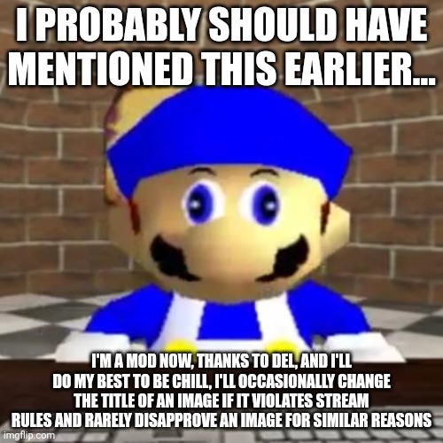 Y'all probably don't care, which is fine | I PROBABLY SHOULD HAVE MENTIONED THIS EARLIER... I'M A MOD NOW, THANKS TO DEL, AND I'LL DO MY BEST TO BE CHILL, I'LL OCCASIONALLY CHANGE THE TITLE OF AN IMAGE IF IT VIOLATES STREAM RULES AND RARELY DISAPPROVE AN IMAGE FOR SIMILAR REASONS | image tagged in smg4 derp | made w/ Imgflip meme maker