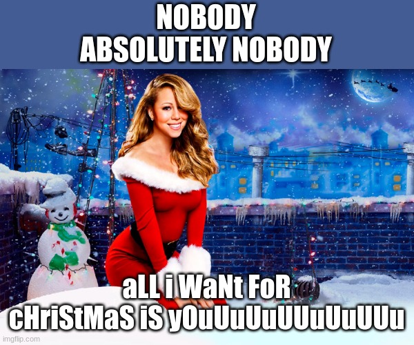 Mariah Carey Christmas | NOBODY
ABSOLUTELY NOBODY; aLL i WaNt FoR cHriStMaS iS yOuUuUuUUuUuUUu | image tagged in mariah carey christmas | made w/ Imgflip meme maker