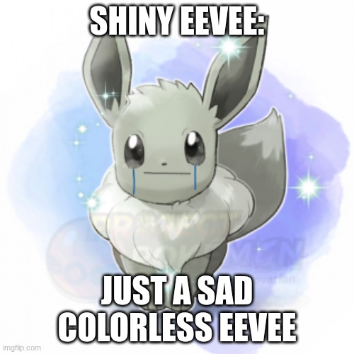 Sad shiny eevee | SHINY EEVEE:; JUST A SAD COLORLESS EEVEE | image tagged in eevee | made w/ Imgflip meme maker