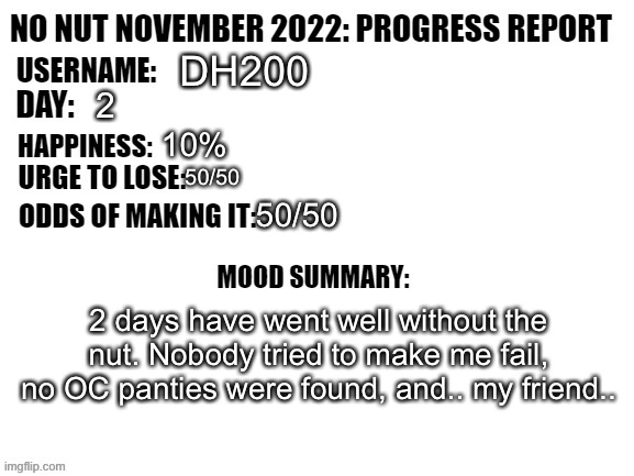 No Nut November 2022: Progress Report |  DH200; 2; 10%; 50/50; 50/50; 2 days have went well without the nut. Nobody tried to make me fail, no OC panties were found, and.. my friend.. | image tagged in no nut november 2022 progress report | made w/ Imgflip meme maker