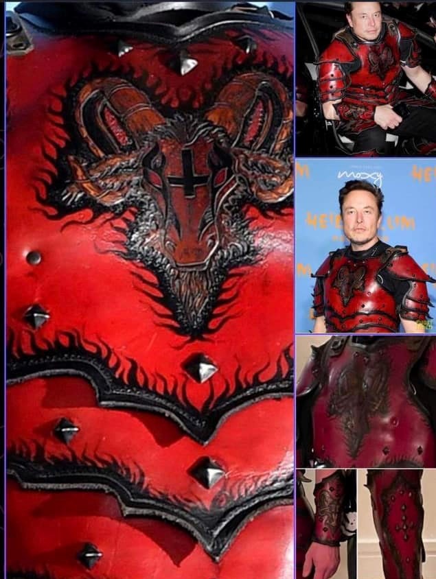 Elon Musk's Baphomet Costume - Halloween, 2022:
Everything That Glitters Is Not Gold. | image tagged in elon musk,occult,templars,satanic,upside down cross,baphomet | made w/ Imgflip meme maker