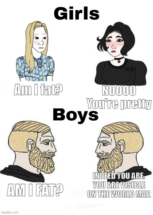 I am back and making memes again | Am I fat? NOOOO You're pretty; AM I FAT? INDEED YOU ARE. YOU ARE VISIBLE ON THE WORLD MAP. | image tagged in girls vs boys | made w/ Imgflip meme maker