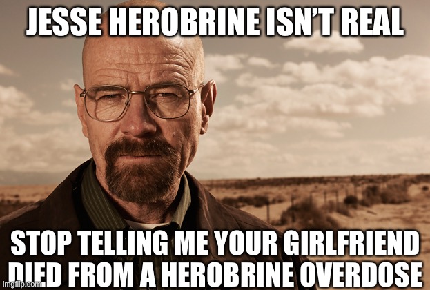 Walter White | JESSE HEROBRINE ISN’T REAL; STOP TELLING ME YOUR GIRLFRIEND DIED FROM A HEROBRINE OVERDOSE | image tagged in walter white | made w/ Imgflip meme maker