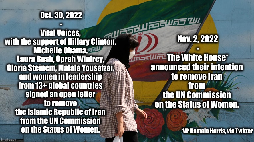 Iran / UN | Oct. 30, 2022
-
Vital Voices, 
with the support of Hillary Clinton, 
Michelle Obama, 
Laura Bush, Oprah Winfrey, 
Gloria Steinem, Malala Yousafzai, 
and women in leadership 
from 13+ global countries 
signed an open letter 
to remove 
the Islamic Republic of Iran 
from the UN Commission 
on the Status of Women. Nov. 2, 2022
-
The White House*
announced their intention 
to remove Iran 
from 
the UN Commission 
on the Status of Women. *VP Kamala Harris, via Twitter | image tagged in women of iran,un commission on women,free iran | made w/ Imgflip meme maker