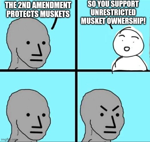NPC Meme | SO YOU SUPPORT UNRESTRICTED MUSKET OWNERSHIP! THE 2ND AMENDMENT PROTECTS MUSKETS | image tagged in npc meme | made w/ Imgflip meme maker
