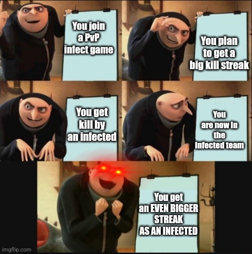 Idk why it happen to me every time | You plan to get a big kill streak; You join a PvP infect game; You get kill by an infected; You are now in the infected team; You get an EVEN BIGGER STREAK AS AN INFECTED | image tagged in gru's plan still works,video games,infection,memes,funny,pvp | made w/ Imgflip meme maker