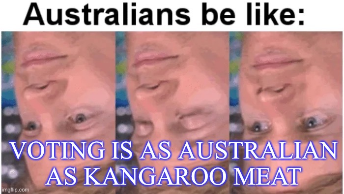 voting is as Australian as kangaroo meat | VOTING IS AS AUSTRALIAN
AS KANGAROO MEAT | image tagged in australia | made w/ Imgflip meme maker