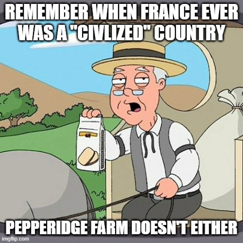 Colonization of Africa, Algerian Genocide and Stealing Wealth from Africa to this Day, France NEVER was a "Civilized" Country | REMEMBER WHEN FRANCE EVER
WAS A "CIVLIZED" COUNTRY; PEPPERIDGE FARM DOESN'T EITHER | image tagged in pepperidge farm remembers,france,french,africa,genocide,stealing,PanIslamistPosting | made w/ Imgflip meme maker