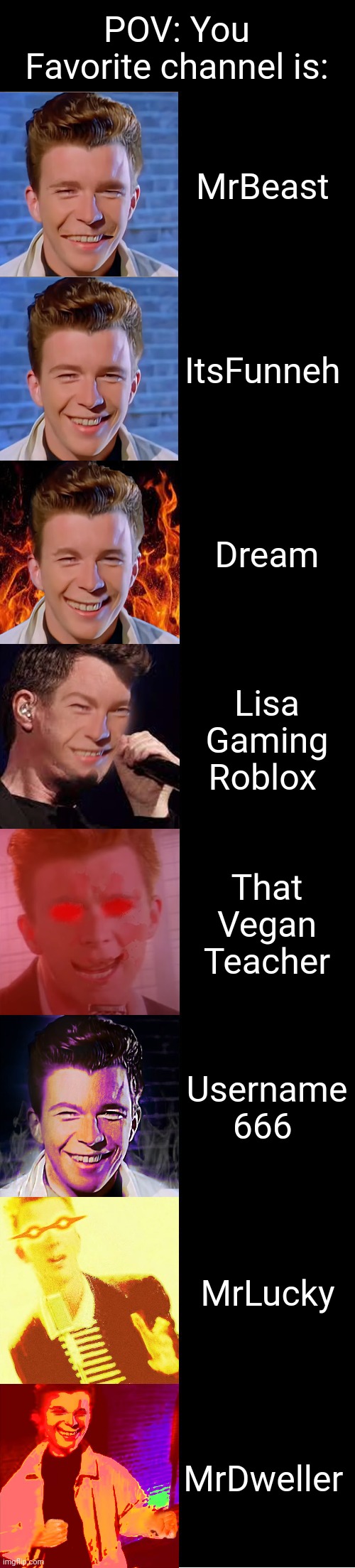 I don't think you agree | POV: You Favorite channel is:; MrBeast; ItsFunneh; Dream; Lisa Gaming Roblox; That Vegan Teacher; Username 666; MrLucky; MrDweller | image tagged in rick astley becoming evil | made w/ Imgflip meme maker