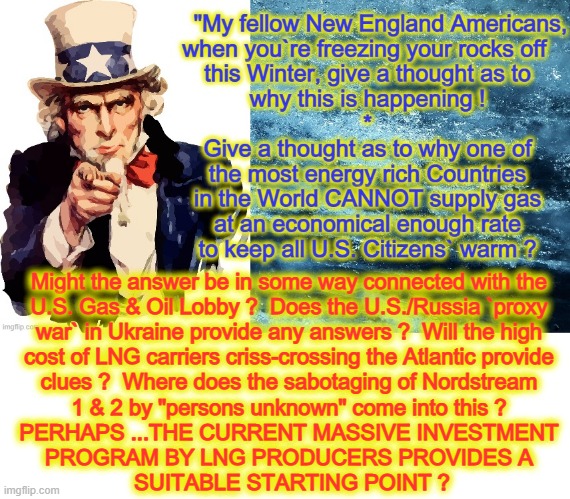 Questions are not Dangerous ! | Might the answer be in some way connected with the
U.S. Gas & Oil Lobby ?  Does the U.S./Russia `proxy
war` in Ukraine provide any answers ?  Will the high
cost of LNG carriers criss-crossing the Atlantic provide
clues ?  Where does the sabotaging of Nordstream
1 & 2 by "persons unknown" come into this ?
PERHAPS ...THE CURRENT MASSIVE INVESTMENT
PROGRAM BY LNG PRODUCERS PROVIDES A
 SUITABLE STARTING POINT ? | image tagged in answers | made w/ Imgflip meme maker