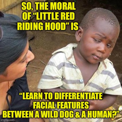 Fairy tale lessons | SO, THE MORAL OF “LITTLE RED RIDING HOOD” IS; “LEARN TO DIFFERENTIATE FACIAL FEATURES BETWEEN A WILD DOG & A HUMAN?” | image tagged in memes,third world skeptical kid | made w/ Imgflip meme maker