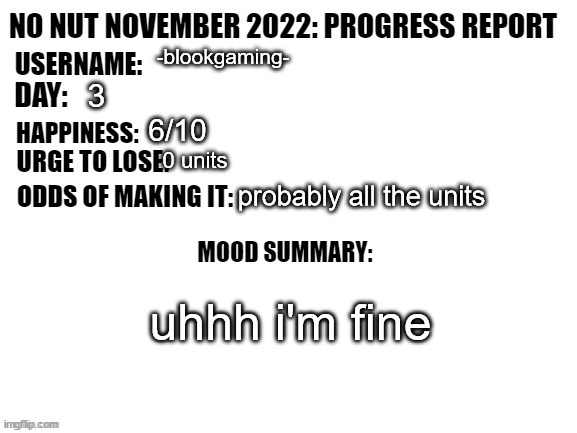 No Nut November 2022: Progress Report | -blookgaming-; 3; 6/10; 0 units; probably all the units; uhhh i'm fine | image tagged in no nut november 2022 progress report | made w/ Imgflip meme maker
