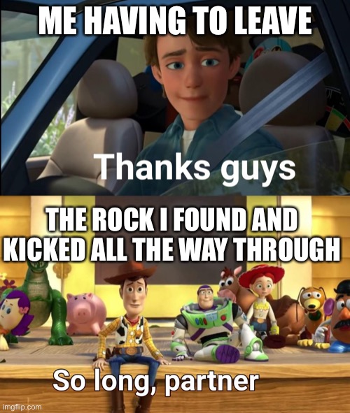 Thanks guys | ME HAVING TO LEAVE; THE ROCK I FOUND AND KICKED ALL THE WAY THROUGH | image tagged in thanks guys | made w/ Imgflip meme maker