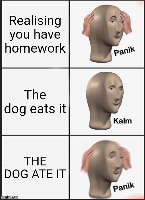 Homwrk | Realising you have homework; The dog eats it; THE DOG ATE IT | image tagged in memes,panik kalm panik | made w/ Imgflip meme maker
