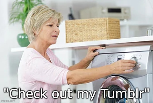 Tumblr | "Check out my Tumblr" | image tagged in old lady washing machine,tumblr,memes | made w/ Imgflip meme maker