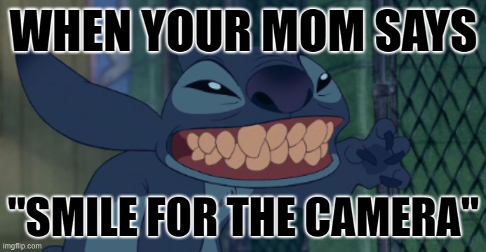 Wow | WHEN YOUR MOM SAYS; "SMILE FOR THE CAMERA" | image tagged in lilo and stitch,mom,funny | made w/ Imgflip meme maker