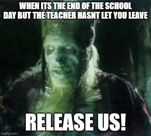 Release us | WHEN ITS THE END OF THE SCHOOL DAY BUT THE TEACHER HASNT LET YOU LEAVE; RELEASE US! | image tagged in release us | made w/ Imgflip meme maker