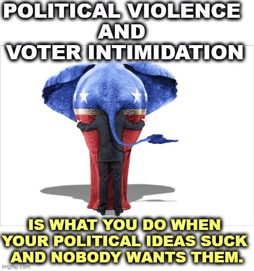 POLITICAL VIOLENCE 
AND 
VOTER INTIMIDATION; IS WHAT YOU DO WHEN 
YOUR POLITICAL IDEAS SUCK 
AND NOBODY WANTS THEM. | image tagged in republican,ideas,suck,political,violence | made w/ Imgflip meme maker