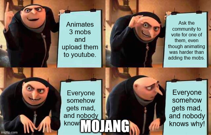Gru's Plan Meme | Animates 3 mobs and upload them to youtube. Ask the community to vote for one of them, even though animating was harder than adding the mobs. Everyone somehow gets mad, and nobody knows why! Everyone somehow gets mad, and nobody knows why! MOJANG | image tagged in memes,gru's plan | made w/ Imgflip meme maker