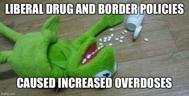 Kermit overdose | LIBERAL DRUG AND BORDER POLICIES CAUSED INCREASED OVERDOSES | image tagged in kermit overdose | made w/ Imgflip meme maker