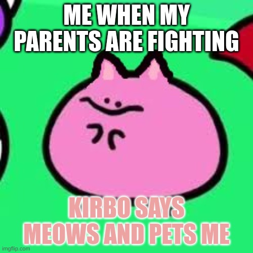 Kirbo cat | ME WHEN MY PARENTS ARE FIGHTING; KIRBO SAYS MEOWS AND PETS ME | image tagged in cats,kirby | made w/ Imgflip meme maker
