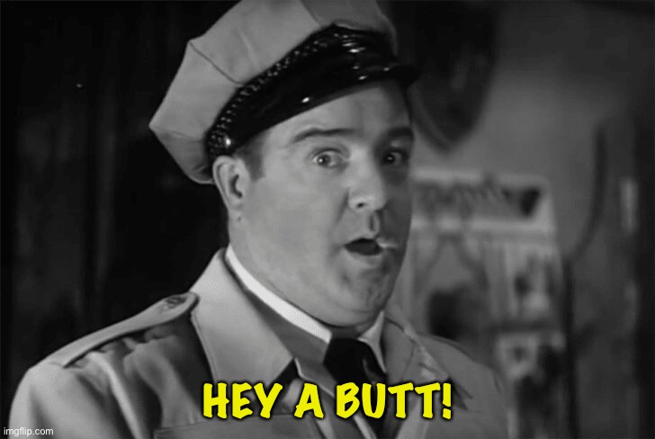 Lou Costello Shock | HEY A BUTT! | image tagged in lou costello shock | made w/ Imgflip meme maker