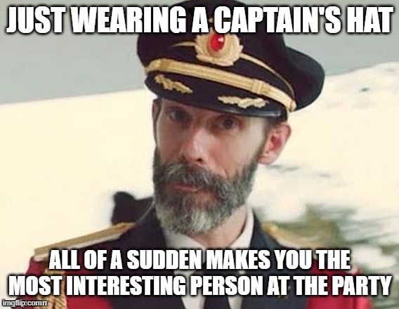 Captain Obvious | JUST WEARING A CAPTAIN'S HAT; ALL OF A SUDDEN MAKES YOU THE MOST INTERESTING PERSON AT THE PARTY | image tagged in captain obvious | made w/ Imgflip meme maker