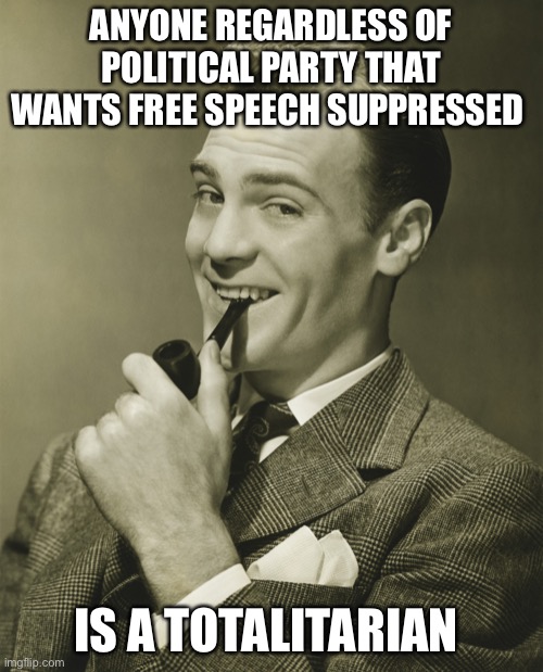 Smug | ANYONE REGARDLESS OF POLITICAL PARTY THAT WANTS FREE SPEECH SUPPRESSED IS A TOTALITARIAN | image tagged in smug | made w/ Imgflip meme maker