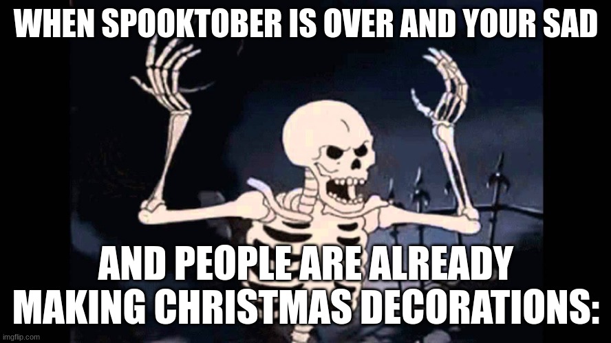 imbeciles. | WHEN SPOOKTOBER IS OVER AND YOUR SAD; AND PEOPLE ARE ALREADY MAKING CHRISTMAS DECORATIONS: | image tagged in spooky skeleton,funny,memes,fun | made w/ Imgflip meme maker