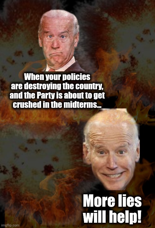 More lies | When your policies are destroying the country, and the Party is about to get
crushed in the midterms... More lies will help! | image tagged in joe biden,memes,midterms,election 2022,democrats,policies | made w/ Imgflip meme maker