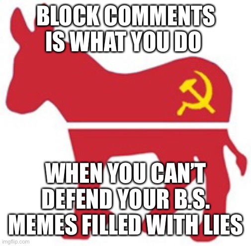 If you can’t stand the heat stay out of the kitchen! | BLOCK COMMENTS IS WHAT YOU DO; WHEN YOU CAN’T DEFEND YOUR B.S. MEMES FILLED WITH LIES | image tagged in democrats communist donkey,comments blocked,lies,bs memes,can not defend | made w/ Imgflip meme maker