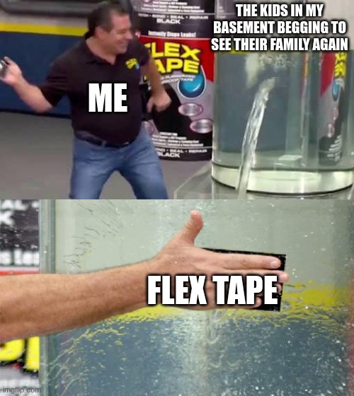 Flex tape! | THE KIDS IN MY BASEMENT BEGGING TO SEE THEIR FAMILY AGAIN; ME; FLEX TAPE | image tagged in flex tape | made w/ Imgflip meme maker