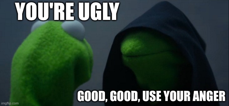 Evil Kermit | YOU'RE UGLY; GOOD, GOOD, USE YOUR ANGER | image tagged in memes,evil kermit | made w/ Imgflip meme maker