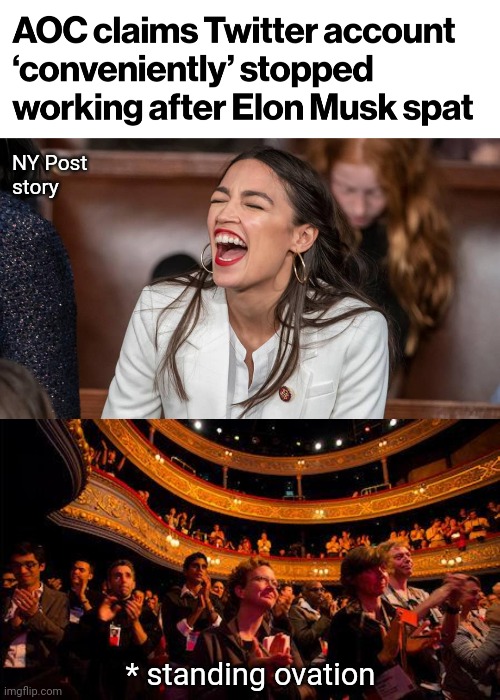 Let's hear it for Elon Musk! | NY Post
story; * standing ovation | image tagged in aoc braying donkey-style,applause,memes,twitter,alexandria ocasio-cortez,democrats | made w/ Imgflip meme maker