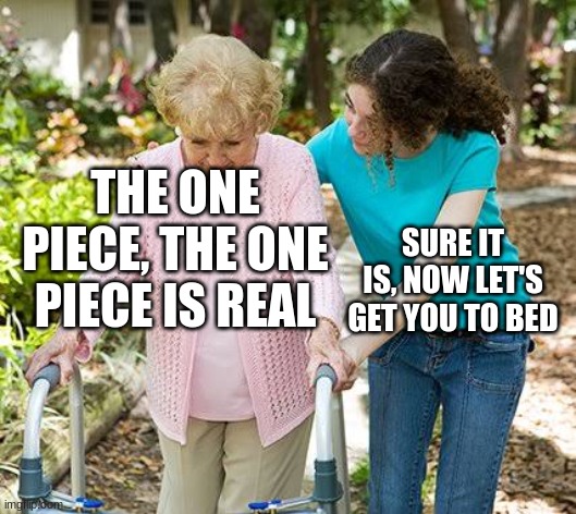 OMG IT IS REAL | THE ONE PIECE, THE ONE PIECE IS REAL; SURE IT IS, NOW LET'S GET YOU TO BED | image tagged in sure grandma let's get you to bed | made w/ Imgflip meme maker