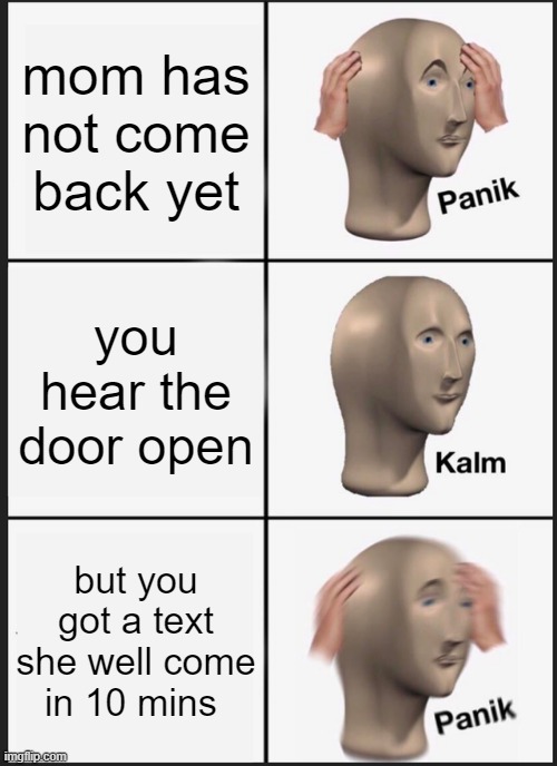 Panik Kalm Panik | mom has not come back yet; you hear the door open; but you got a text she well come in 10 mins | image tagged in memes,panik kalm panik | made w/ Imgflip meme maker