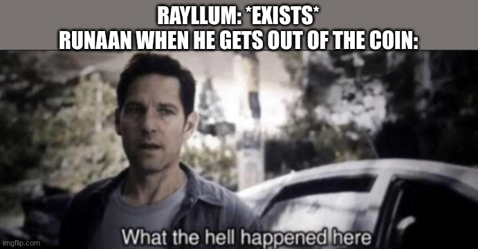 What the hell happened here | RAYLLUM: *EXISTS*
RUNAAN WHEN HE GETS OUT OF THE COIN: | image tagged in what the hell happened here | made w/ Imgflip meme maker