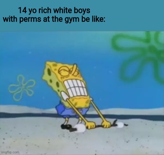 Lifting spongebob | 14 yo rich white boys with perms at the gym be like: | image tagged in spongebob lifting weight,gen z humor,memes | made w/ Imgflip meme maker