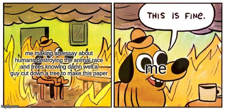 damn well | me making an essay about humans destroying the animal race and trees knowing damn well a guy cut down a tree to make this paper; me | image tagged in memes,this is fine | made w/ Imgflip meme maker