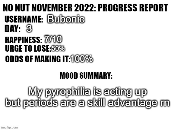 yee | Bubonic; 3; 7/10; 50%; 100%; My pyrophilia is acting up but periods are a skill advantage rn | image tagged in no nut november 2022 progress report | made w/ Imgflip meme maker