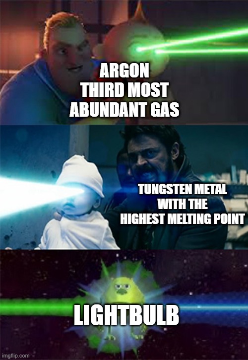 bruh lightbulbs today | ARGON THIRD MOST ABUNDANT GAS; TUNGSTEN METAL WITH THE HIGHEST MELTING POINT; LIGHTBULB | image tagged in sully wazowski laser | made w/ Imgflip meme maker