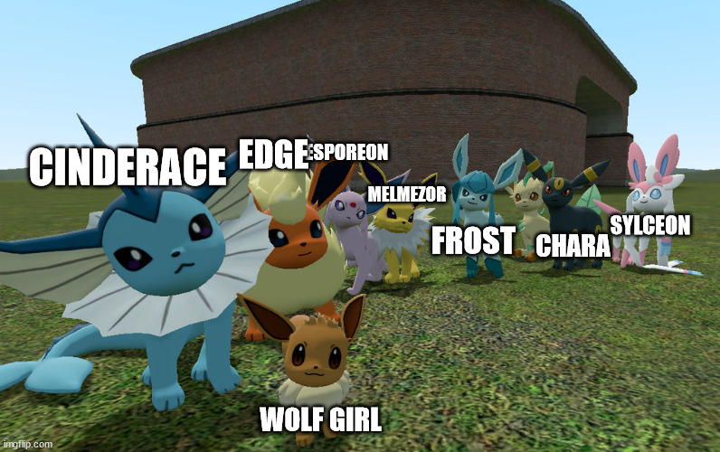 eeveelutions | CINDERACE; EDGE; ESPOREON; MELMEZOR; CHARA; FROST; SYLCEON; WOLF GIRL | image tagged in eeveelutions | made w/ Imgflip meme maker