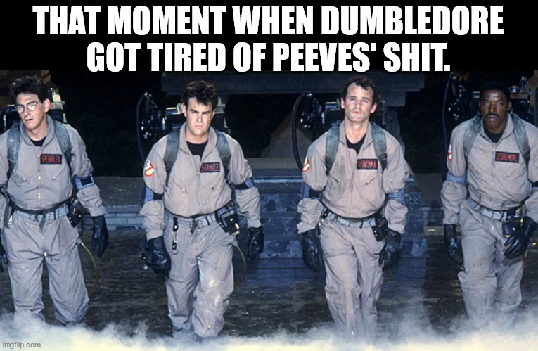 Accio Ghostbusters |  THAT MOMENT WHEN DUMBLEDORE GOT TIRED OF PEEVES' SHIT. | image tagged in ghostbusters,harry potter,dumbledore,warner bros,jk rowling | made w/ Imgflip meme maker