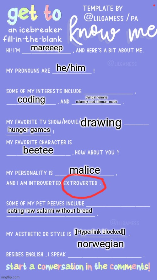 Get to know fill in the blank | mareeep; he/him; coding; dying in terraria calamity mod infernum mode; drawing; hunger games; beetee; malice; eating raw salami without bread; [[Hyperlink blocked]]; norwegian | image tagged in get to know fill in the blank | made w/ Imgflip meme maker