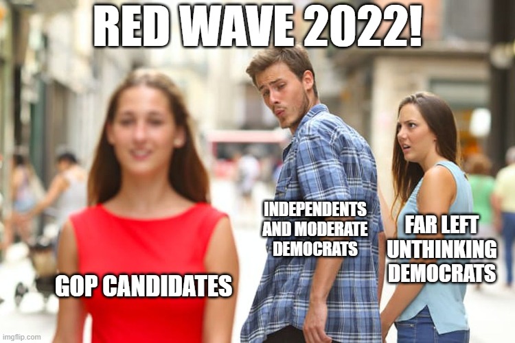 Don't take it for granted!  Get out and vote!  And wear RED to the polls! | RED WAVE 2022! INDEPENDENTS AND MODERATE DEMOCRATS; FAR LEFT UNTHINKING DEMOCRATS; GOP CANDIDATES | image tagged in memes,distracted boyfriend,election 2022,red wave 2022 | made w/ Imgflip meme maker